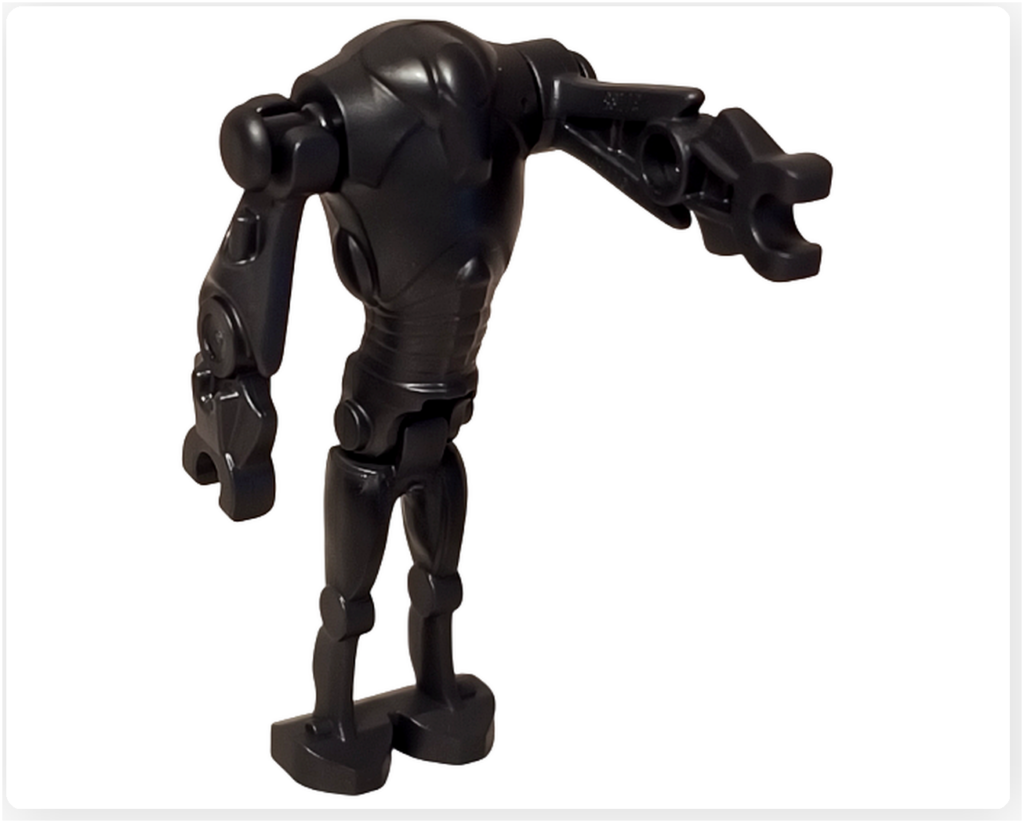 レゴ スター・ウォーズ 75418に収録されたスーパーバトル・ドロイドの片手を上げたポーズ。可動する腕部と重装甲の胴体により、戦闘中の動きを想像させる姿が確認できる。