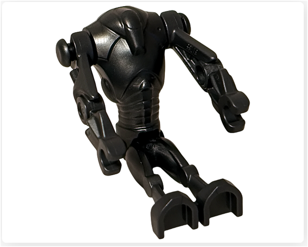 レゴ スター・ウォーズ 75418 スーパーバトル・ドロイドの座りポーズ。黒い重装甲ボディを前屈させ、脚を投げ出した姿で、戦闘時とは異なる静かな佇まいを表現している。