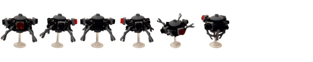 レゴ スター・ウォーズ プローブ・ドロイドのミニモデル一覧。黒い球状ボディに赤いセンサーを備え、正面・側面・背面や腕の可動ポーズを確認できる構成。