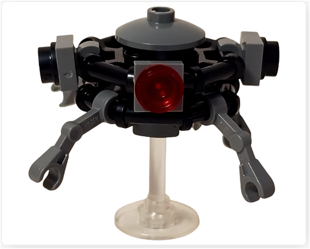 レゴ スター・ウォーズ 75418に収録されたプローブ・ドロイドの正面姿。透明スタンドで浮遊状態を再現し、赤いセンサーと放射状のアーム構造が偵察用ドロイドらしい外観を表している。