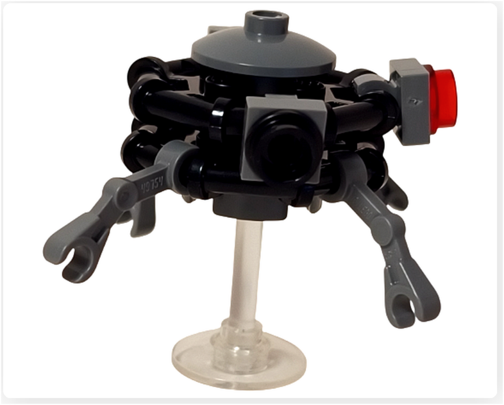 レゴ スター・ウォーズ 75418に含まれるプローブ・ドロイドの右側面。側面に突き出た観測センサーと、黒いフレームが重なり合う立体構造が偵察用ドロイドの特徴を示している。