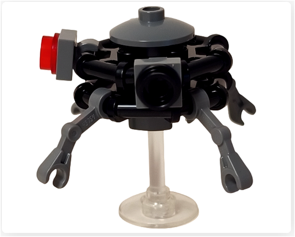 レゴ スター・ウォーズ 75418に収録されたプローブ・ドロイドの左側面。円形フレームに接続された補助装置と可動アームが確認でき、偵察任務に特化した非対称な構造がわかる。