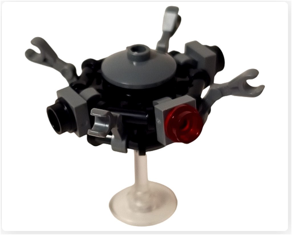 レゴ スター・ウォーズ 75418に登場するプローブ・ドロイドを俯瞰で撮影した写真。アームを持ち上げた状態で、円形ボディとセンサー配置が一望でき、索敵・監視に特化した構造がよくわかる。