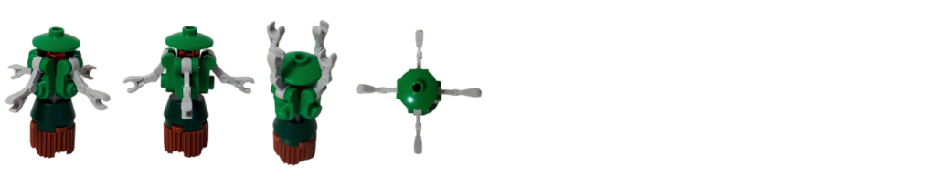 レゴ スター・ウォーズ ホリデー・メディカル・ドロイドのミニモデル一覧。緑の装飾と複数のアームを備え、正面・側面・腕を上げた姿まで確認できる構成。