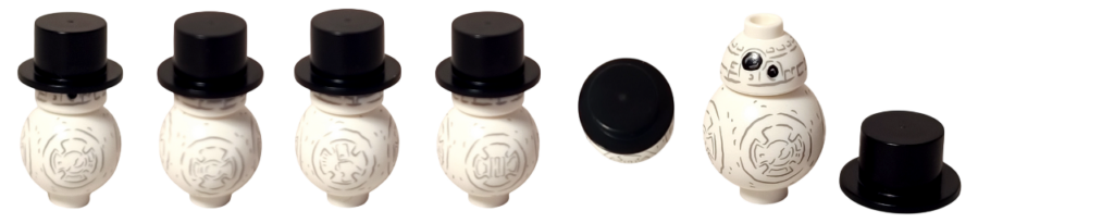 レゴ スター・ウォーズ スノーマンBB-8のミニモデル一覧。白いボディに雪だるま風の装いと黒いシルクハットを備え、正面・側面と帽子の有無を確認できる構成。