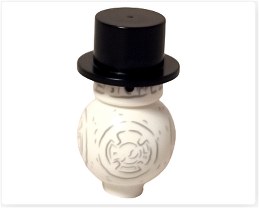 レゴ スター・ウォーズ 75418に含まれるスノーマンBB-8を正面から撮影。シルクハットをかぶった白いBB-8ボディには雪だるま風の装飾が施され、クリスマスらしい遊び心ある造形が特徴。