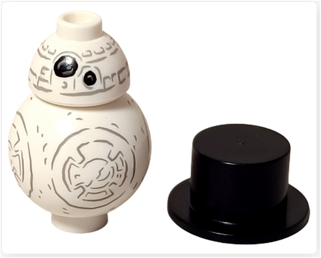 レゴ スター・ウォーズ 75418に収録されたスノーマンBB-8を、シルクハットを外した状態で撮影した写真。本体と黒い帽子パーツを並べ、通常のBB-8に近い姿とホリデー装飾の違いが確認できる。