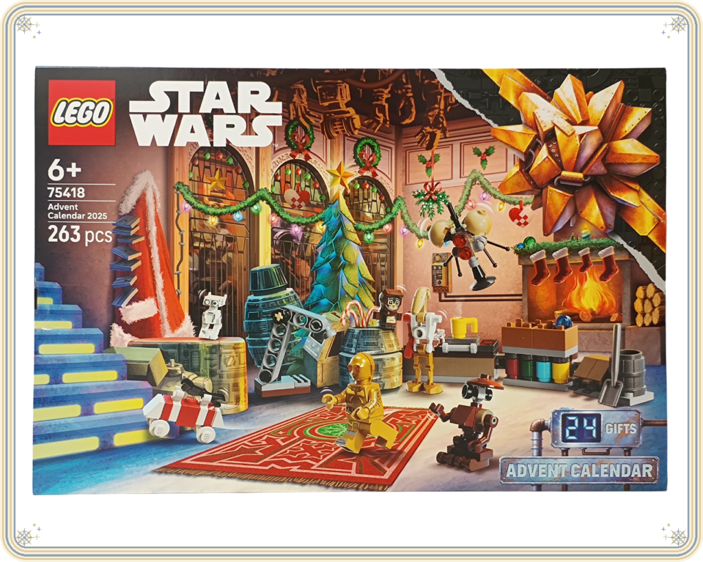 レゴ 75418 スター・ウォーズ アドベントカレンダー2025 クリスマスを迎えたドロイド工房とバブ・フリックや各種ドロイドが描かれたパッケージ正面