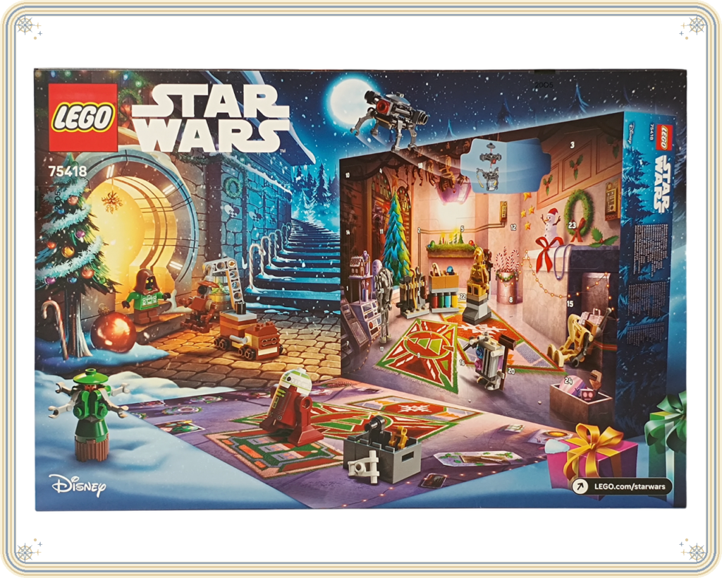 レゴ 75418 スター・ウォーズ アドベントカレンダー2025 24の扉から登場するドロイドや工房設備、クリスマス仕様のモデルを紹介するパッケージ裏面