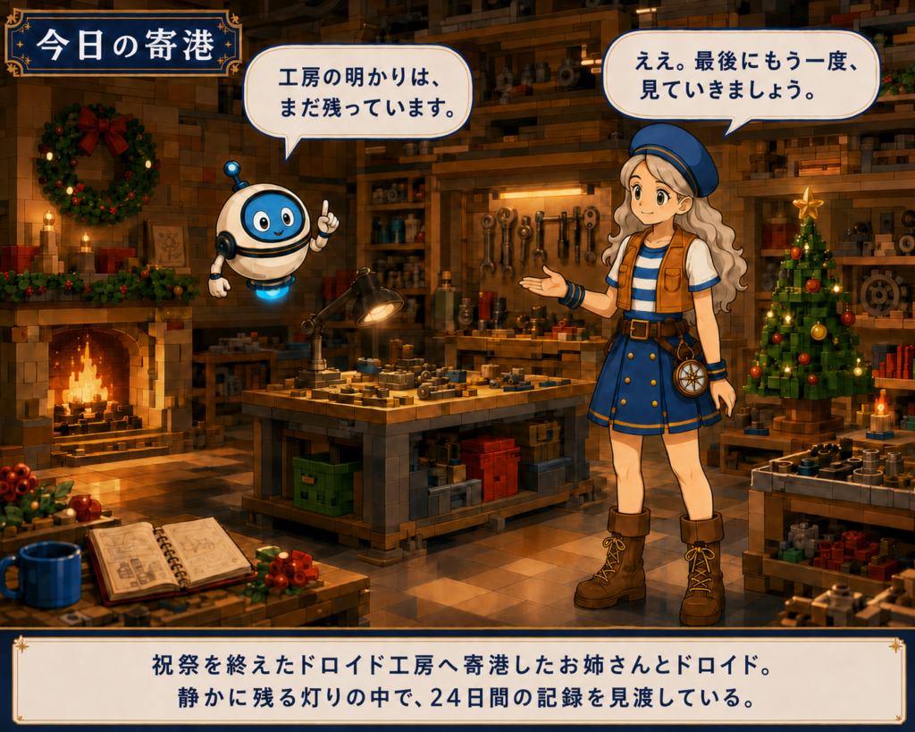 レゴ 75418 クリスマスのドロイド工房へ寄港し、24日間の記録を見渡すナビお姉さんとドロイドの「今日の寄港」