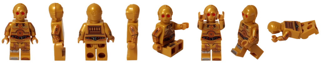 レゴ 75418 スター・ウォーズ アドベントカレンダー2025 C-3POのミニフィグを正面・右側面・背面・左側面と座り・両手を上げる・歩行・横たわるポーズで並べたサムネイル