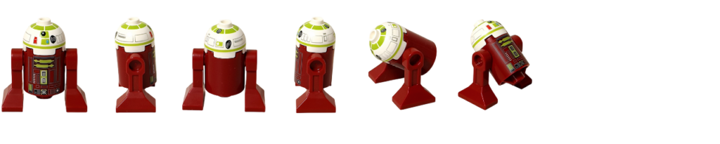 レゴ 75418 スター・ウォーズ アドベントカレンダー2025 R7-A7のドロイドフィギュアを正面・右側面・背面・左側面と前後に傾けたポーズで並べたサムネイル