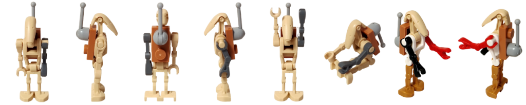 レゴ 75418 スター・ウォーズ アドベントカレンダー2025 スクラップ・バトル・ドロイドを前後左右と着座、黒・赤・白の交換腕を装着した姿で並べたサムネイル