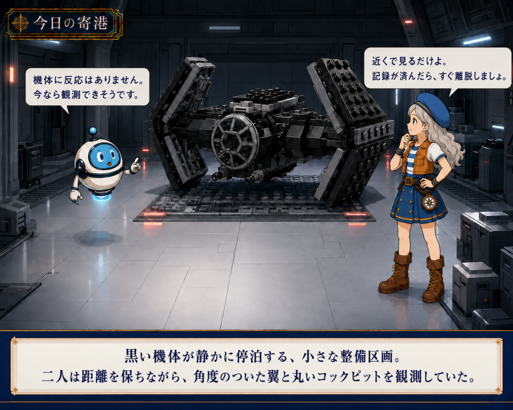 レゴ スター・ウォーズ 30727 タイ・アドバンスト ＜ミニ＞が停泊する整備区画で、ナビお姉さんとドロイドが機体を観測する情景