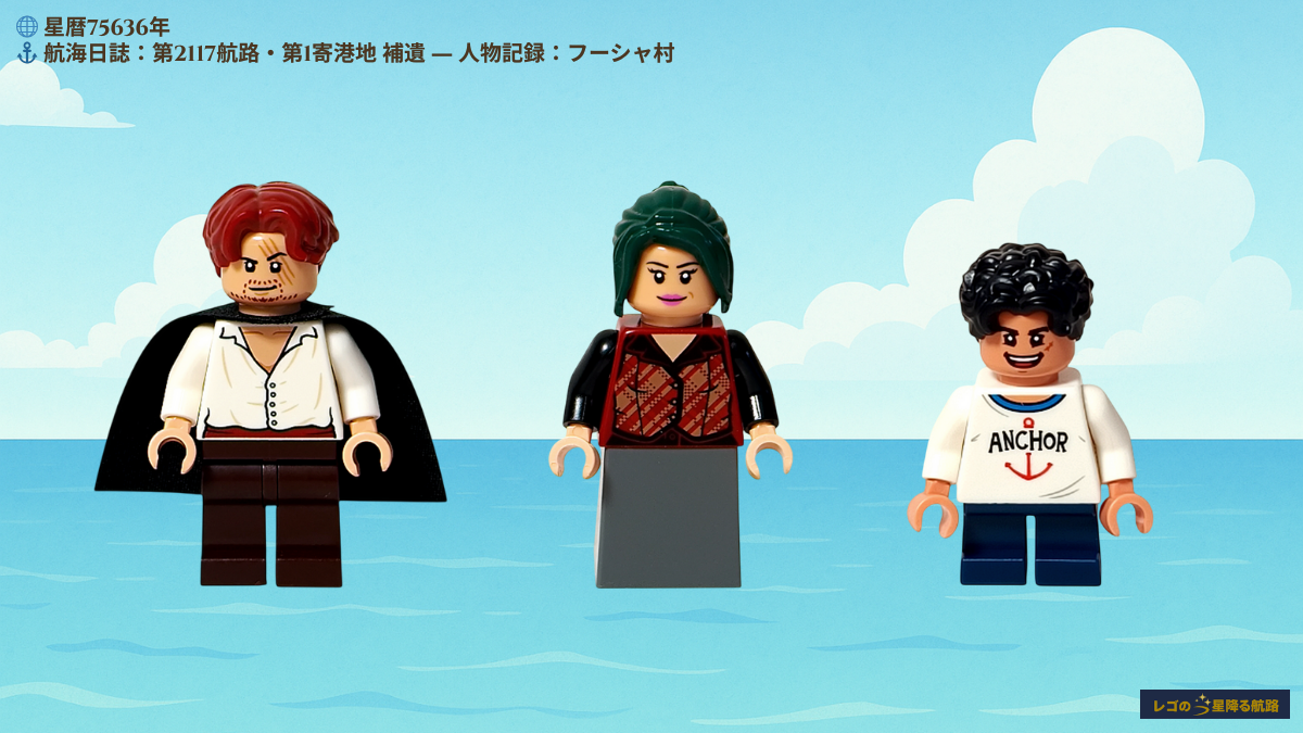 alt="レゴ 75636 ONE PIECE フーシャ村のミニフィグ3体（シャンクス、マキノ、ルフィ）が横並びで立つアイキャッチ画像。海と空を背景に、赤髪の旅人、深緑の髪の店主、白いアンカー柄シャツの少年が並んでいる構図です。"